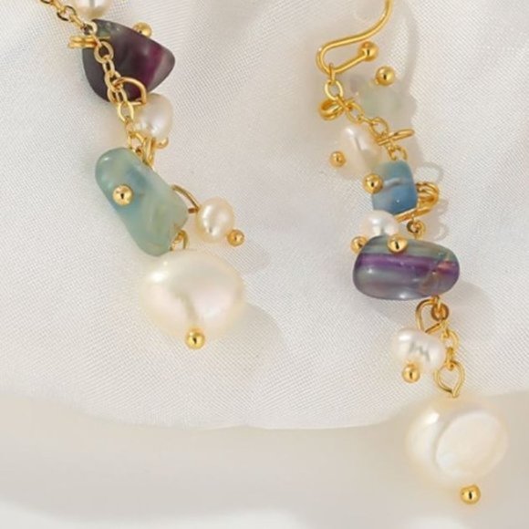 Tourmaline and Pearls on Gold Plated Copper Earrings - Picture 5 of 7